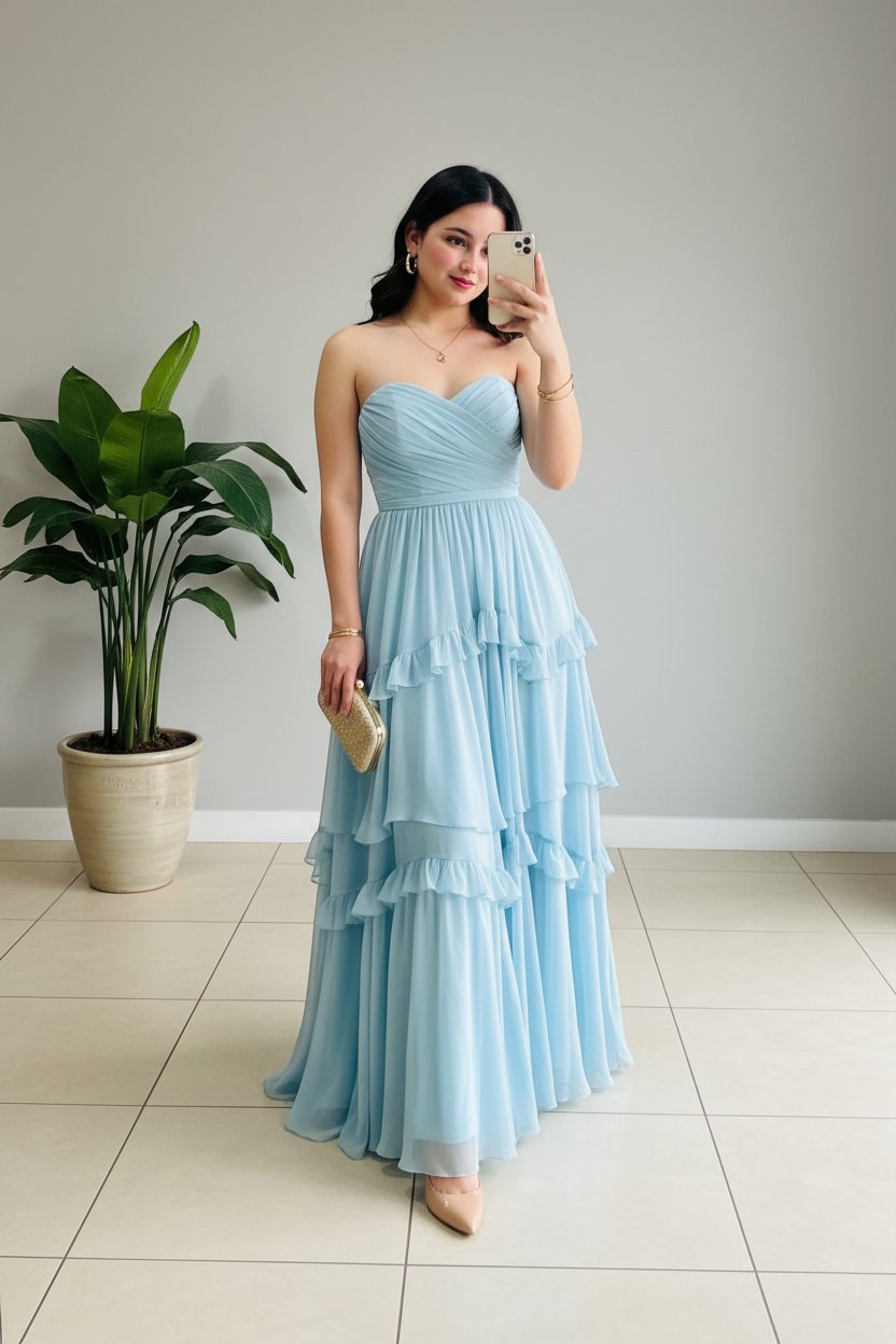 Vestido de Gala Azul Celeste Strapless con Volantes en Capas - Elegante Largo cod.355