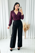 Conjunto Vino Borgoña Blusa Cruzada Perlas + Palazzo Negro cod.C303
