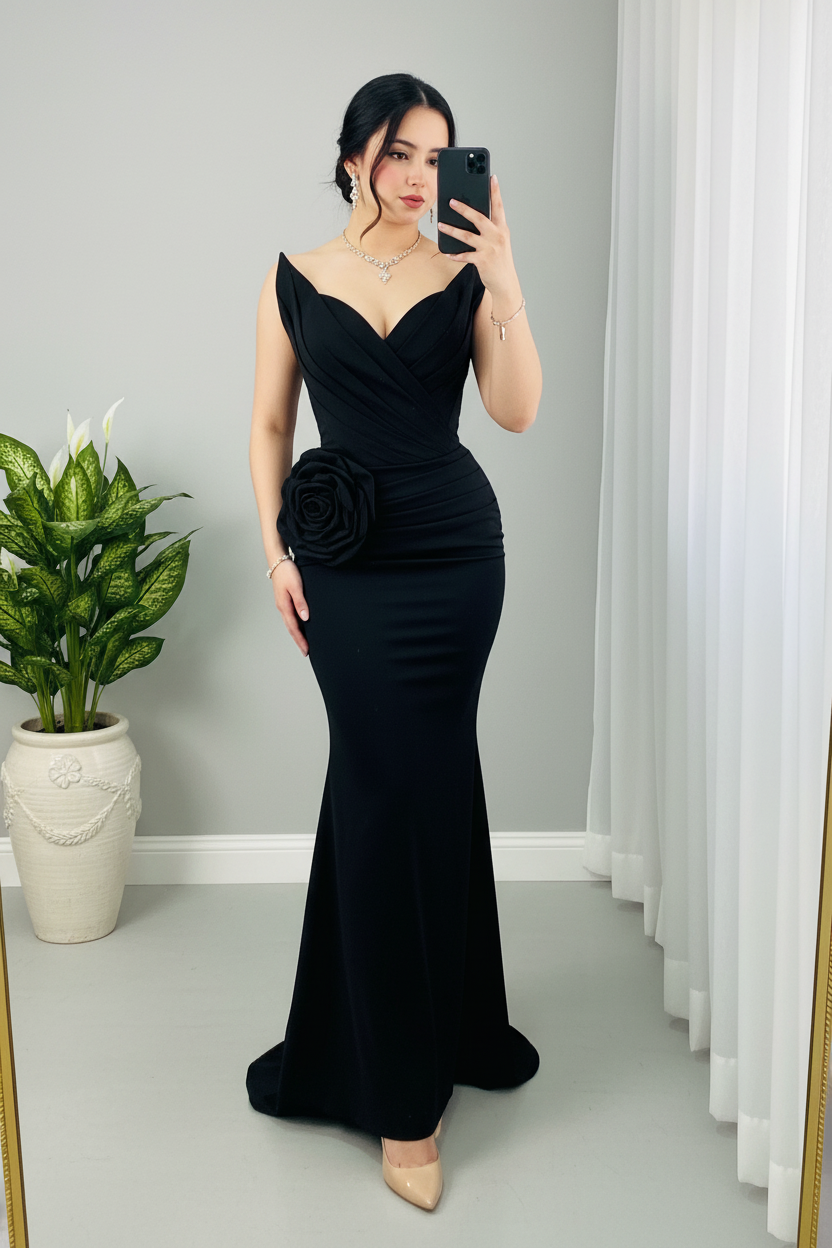 Vestido Sirena Negro — Escote V, Rosa 3D Cadera & Cierre Invisible cod.899