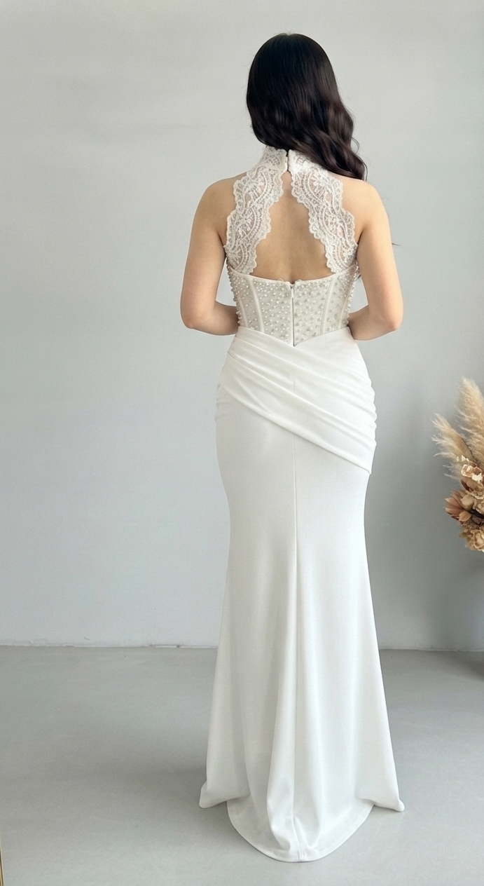 Vestido Novia Blanco Sirena con Corset de Perlas 3D y Cuello Halter de Encaje cod.V825