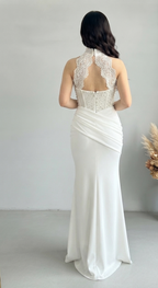 Vestido Novia Blanco Sirena con Corset de Perlas 3D y Cuello Halter de Encaje cod.V825
