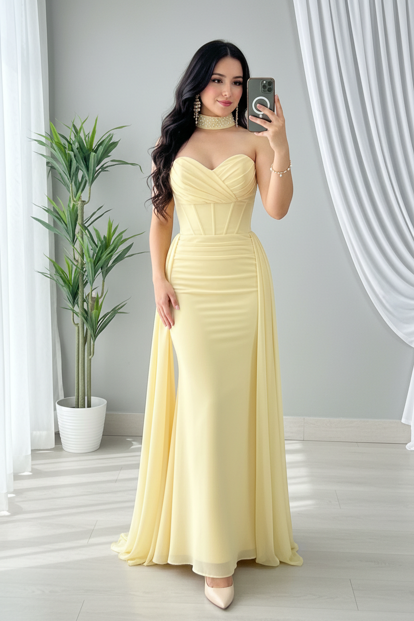 Vestido Sirena Sweetheart Amarillo cod.V701