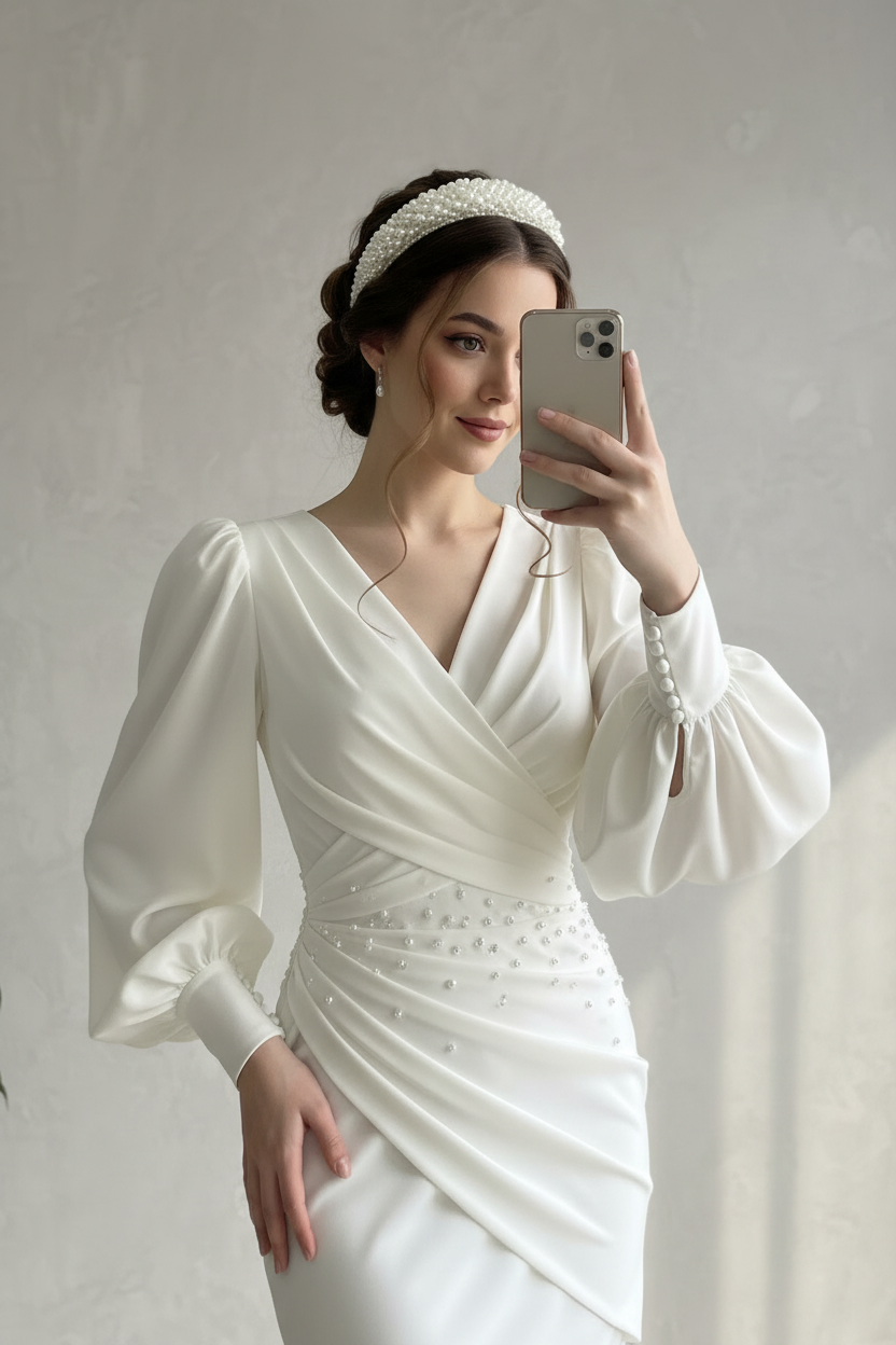 Vestido Blanco Largo Escote V Cruzado Manga Puff con Perlas y Sirena cod.480