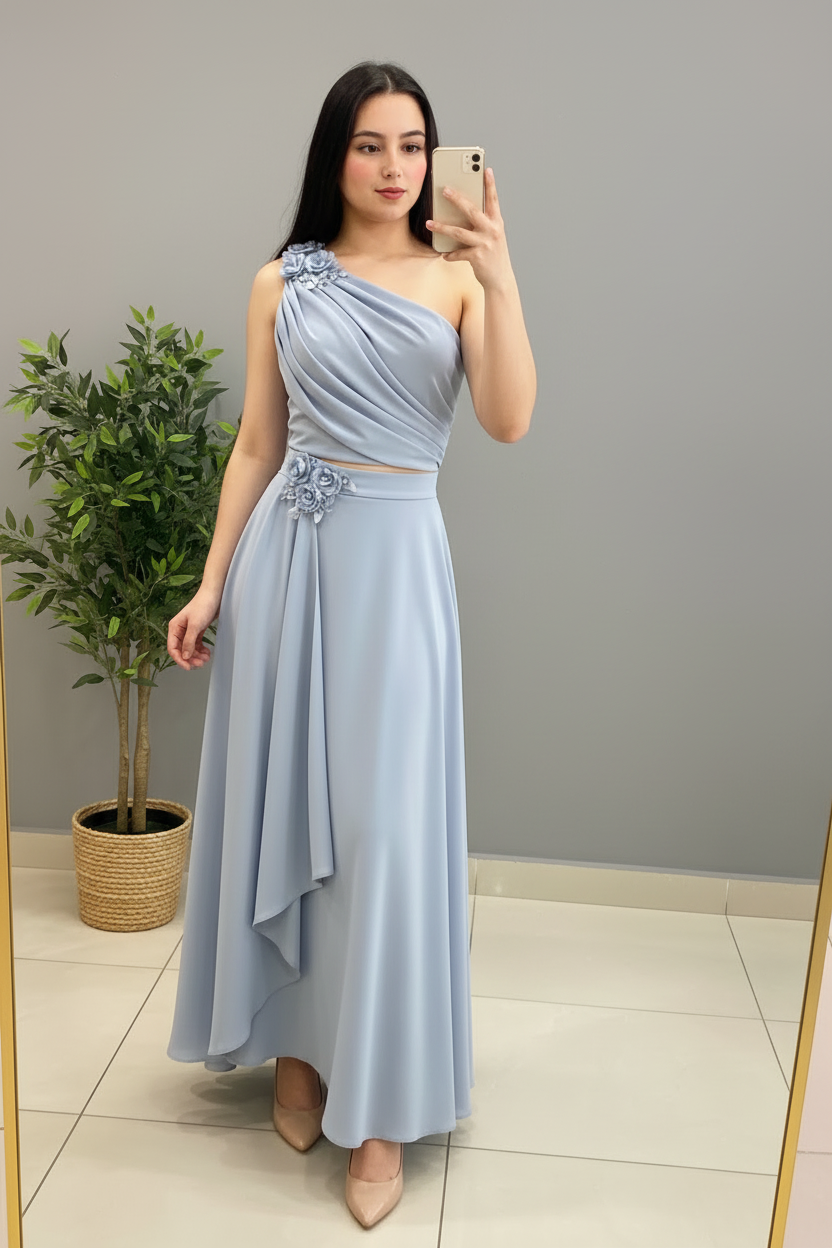 Conjunto Steel Blue Rose – Top Un Hombro Drapeado con Rosas 3D + Falda Asimétrica cod.684