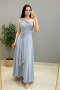 Conjunto Steel Blue Rose – Top Un Hombro Drapeado con Rosas 3D + Falda Asimétrica cod.684