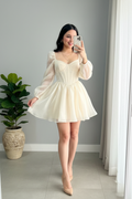 Vestido Blanco Crema Corsé Manga Puff Bishop con Falda Organza Mini cod.982