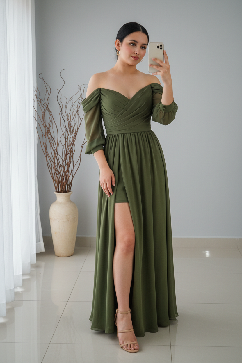 Vestido Verde Olivo Off-Shoulder cod.V338
