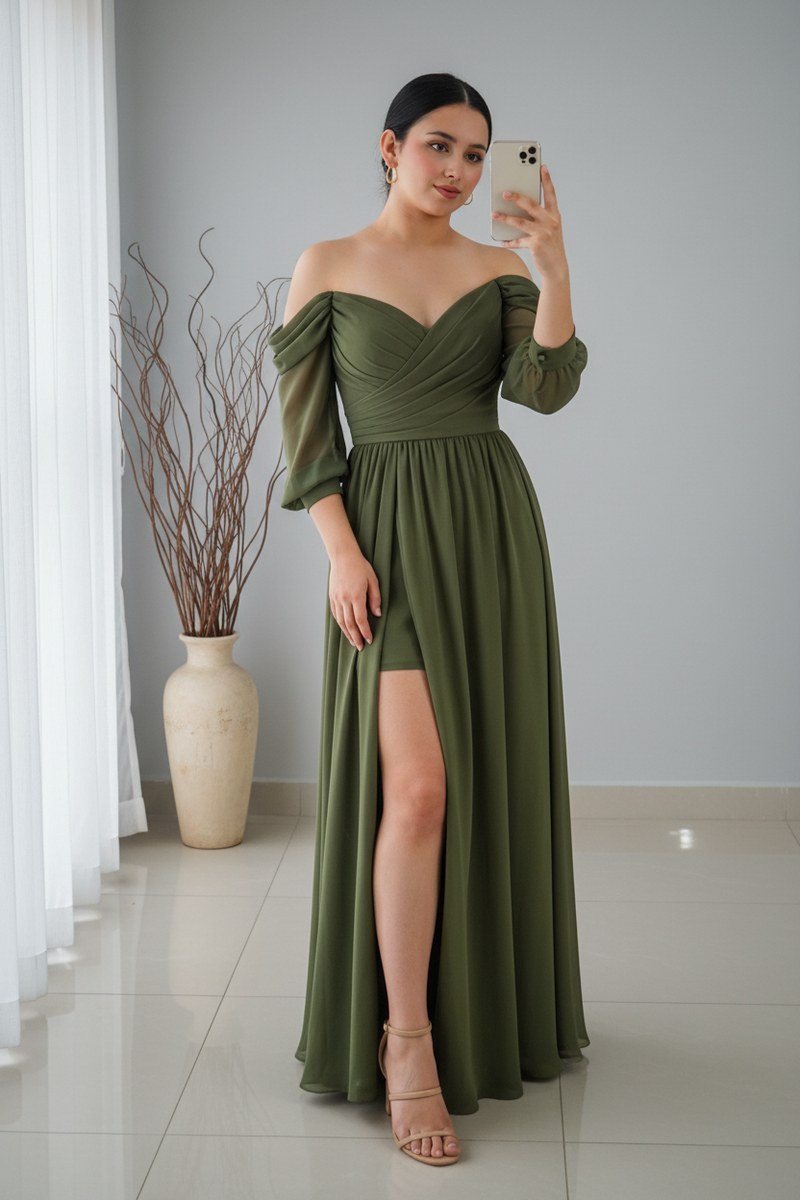 Vestido Verde Olivo Off-Shoulder cod.V338