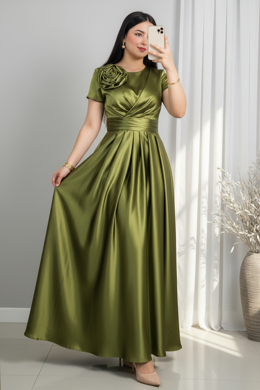 Vestido Satinado Verde Olivo con Rosa