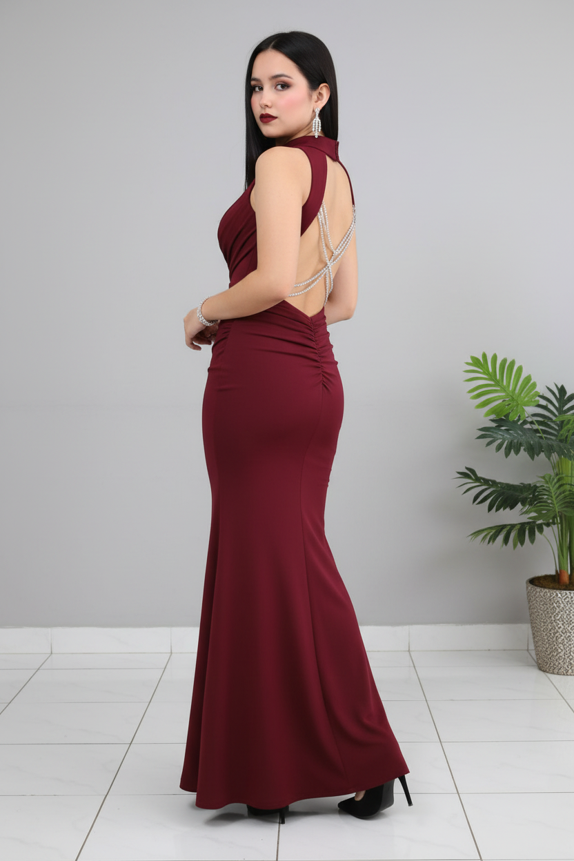Vestido Sirena Vino Espalda Abierta con Cadenas de diamantes cod.640