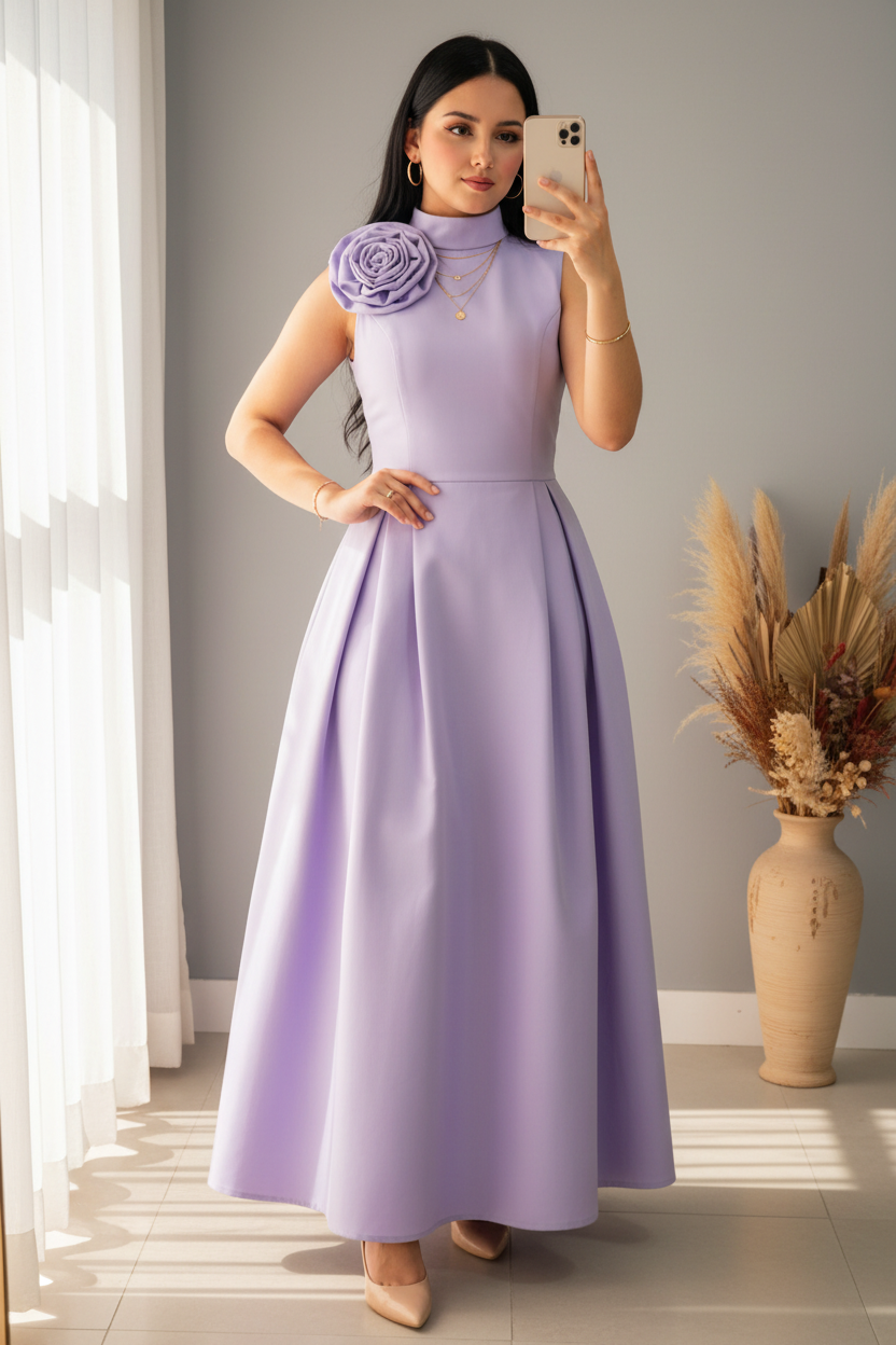 Vestido Lila Rosa 3D Cuello Alto cod.00159