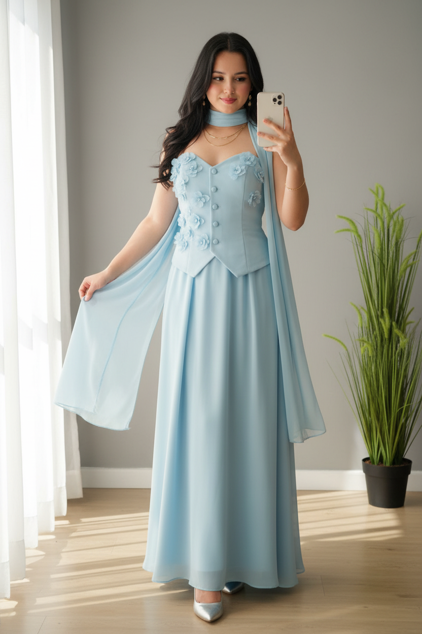 Conjunto Azul Cielo con Capa y Rosas D cod.C637