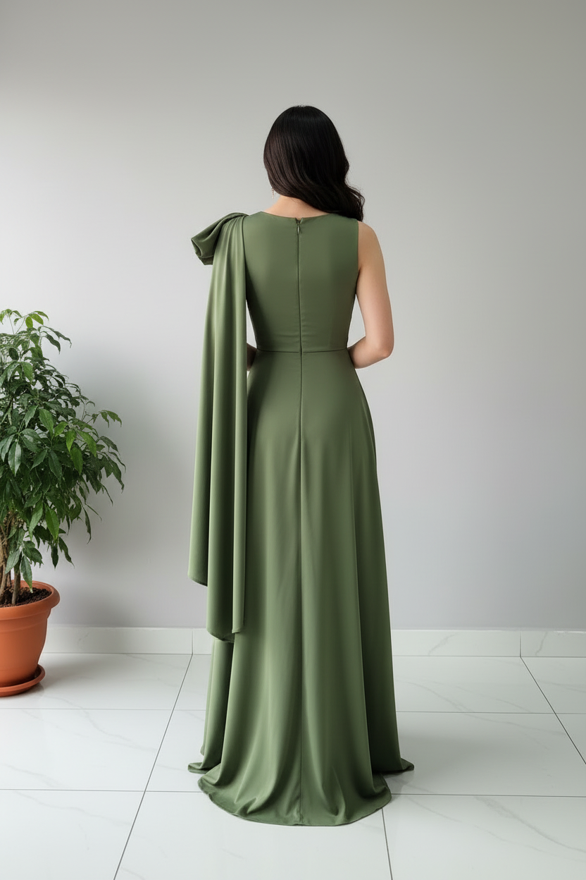 Vestido Largo Verde Oliva con Chal Integrado y Abertura Lateral cod.402