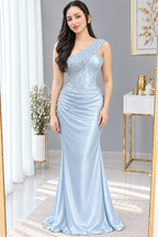 Vestido Celeste Satén Un Hombro Corsé con Perlas cod.V0051