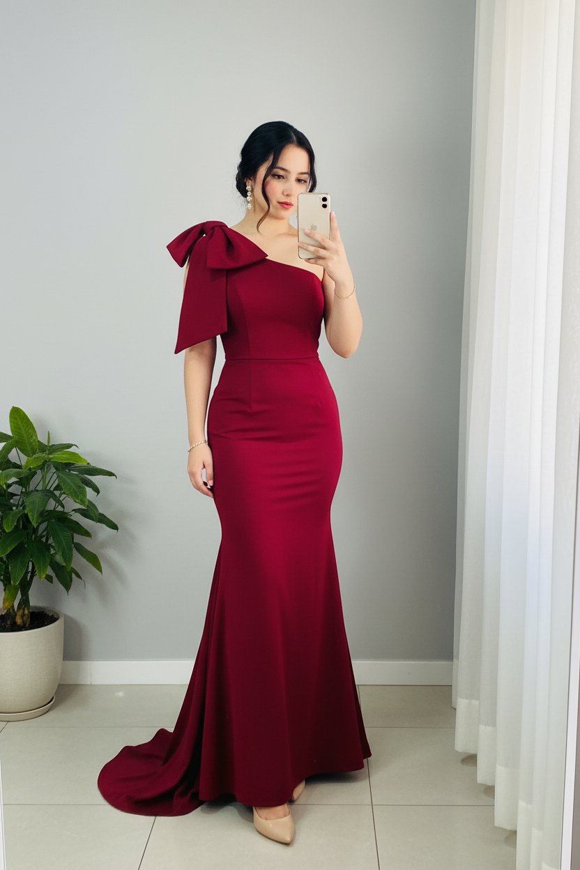 Vestido Rojo Vino Un Hombro Lazo Estructurado Sirena cod.926