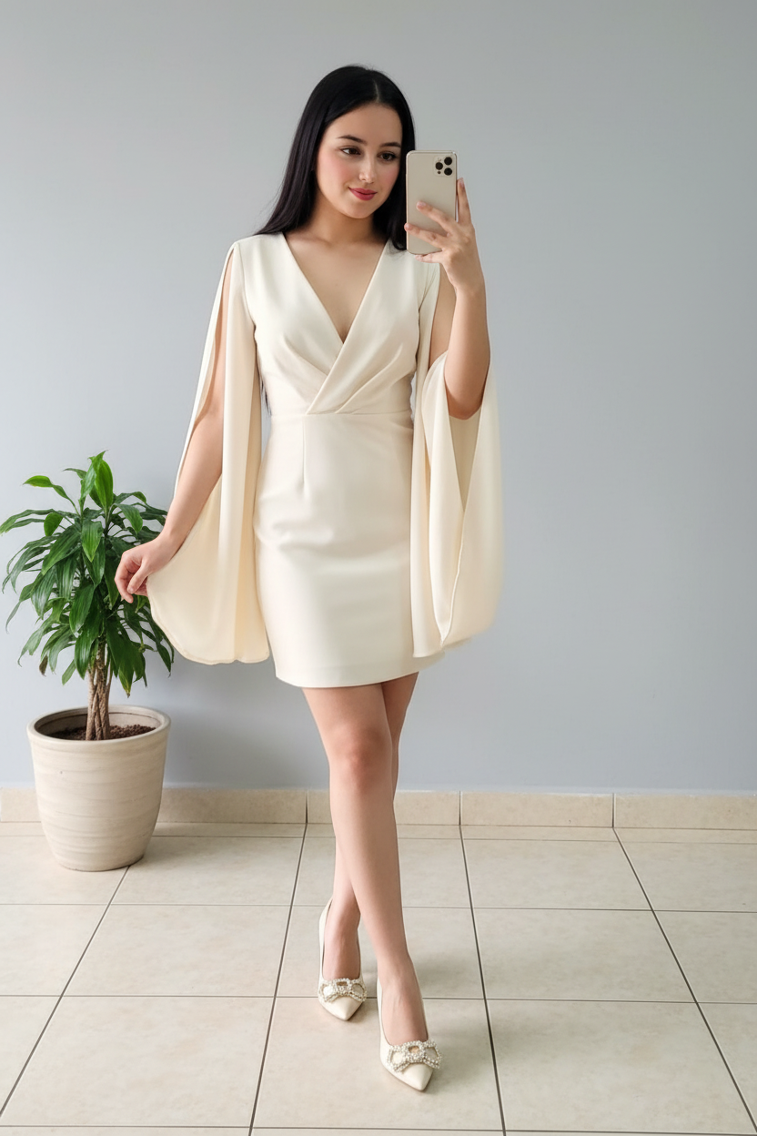 Vestido Marfil Mini Escote V Cruzado con Mangas Capa de Chifón Tipo Ángel cod.489