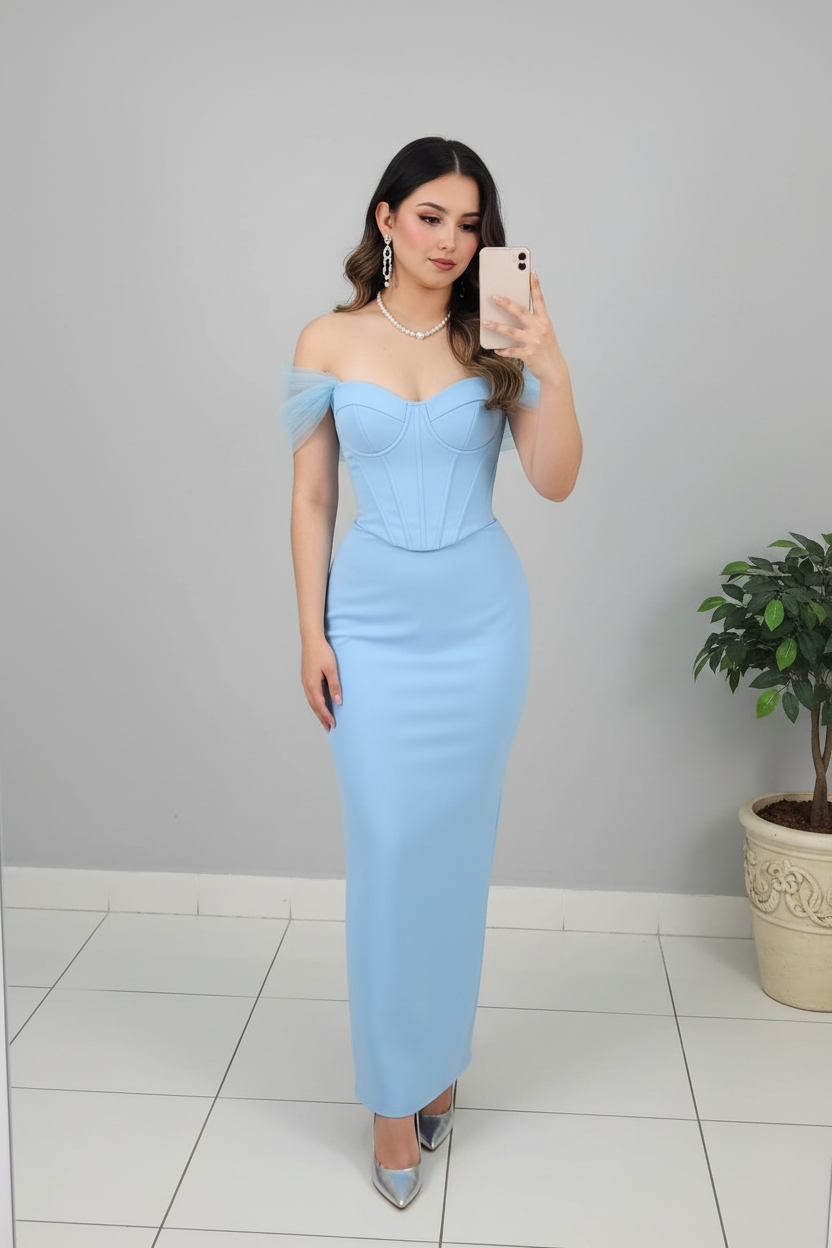 Vestido Azul Cielo Off-Shoulder cod.589