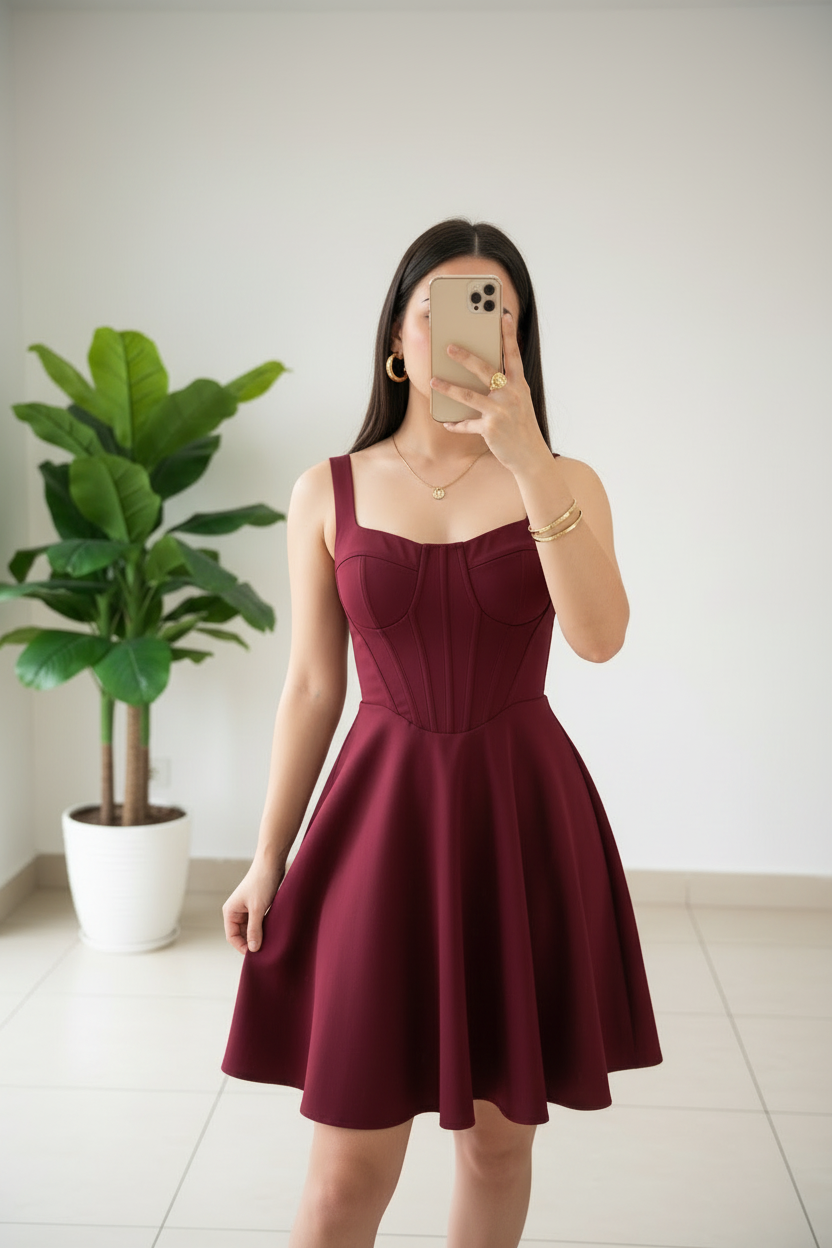 Vestido Corto Borgoña Corset Estructurado con Falda Skater cod.456