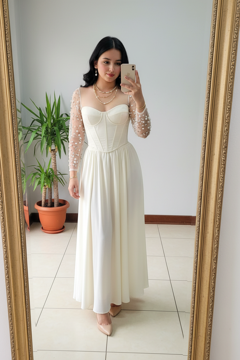 Vestido Formal Blanco Corset con Mangas de Tul y Perlas cod.499