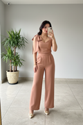Conjunto Elegante Nude: Top con Moño en Hombro + Pantalón Pierna Ancha cod.313