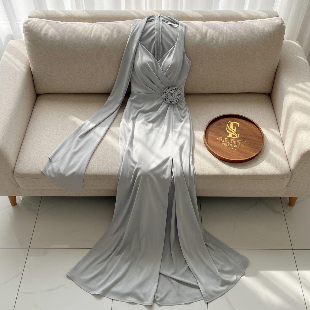Vestido Largo Gris Plata con Rosa 3D, Chal y Abertura Lateral cod.400