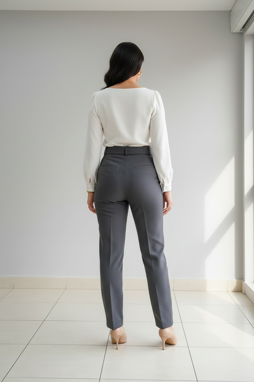 Pantalón Gris Antracita Recto de Tiro Alto con Cinturón cod.421