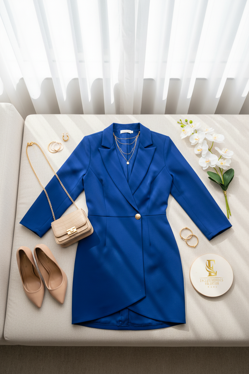 Vestido Blazer Azul Rey con Botón Dorado - Elegante y Sofisticado cod.298