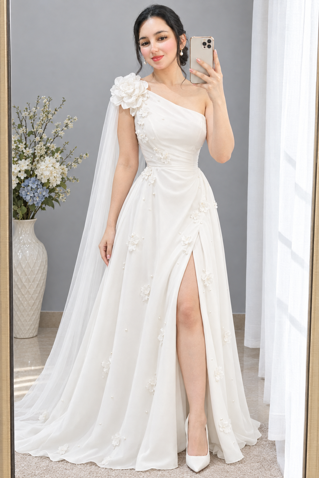Vestido largo blanco de un hombro con flor 3D y capa cod. VC025