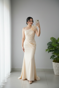 Vestido Champagne Un Hombro Rosa 3D Sirena cod.922
