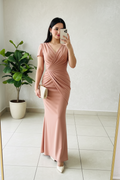 Vestido Sirena Rosa Palo con Drapeado Radial en Abanico. Cod.429