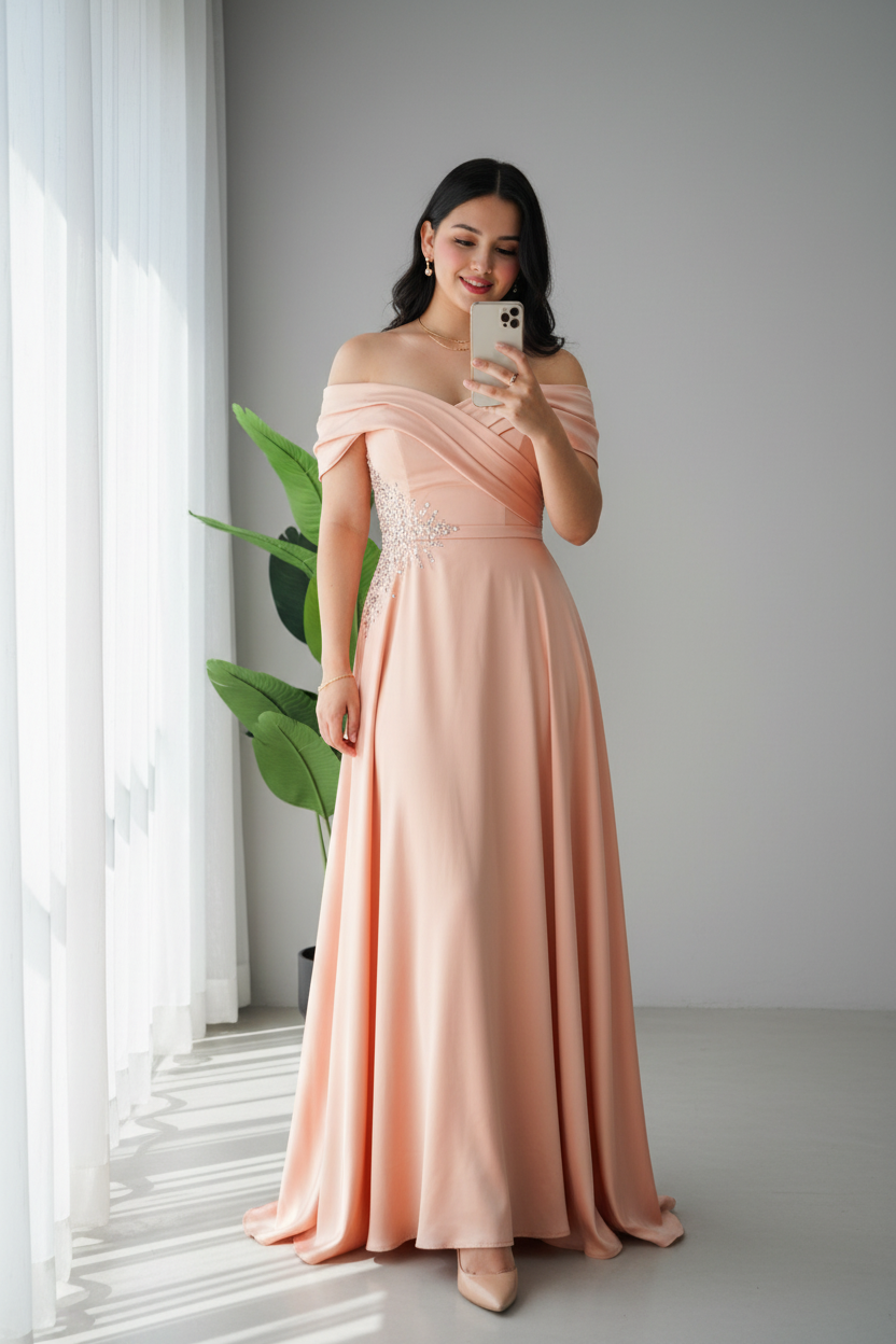 Vestido Peach Crystal Off-Shoulder – Gown Salmón Hombros Caídos con Bordado de Cristales cod.692