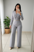 Conjunto 2 Piezas Gris Perla Blazer Cropped Doble Botonadura y Palazzo cod.00144