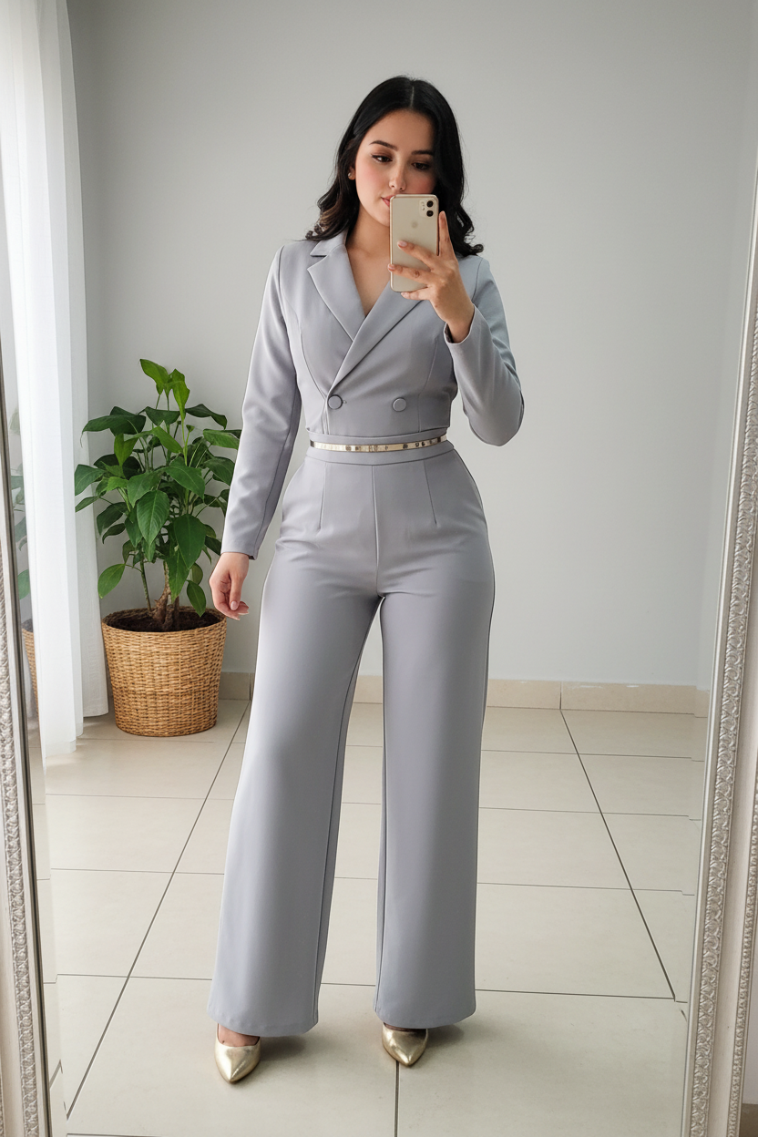 Conjunto 2 Piezas Gris Perla Blazer Cropped Doble Botonadura y Palazzo cod.00144