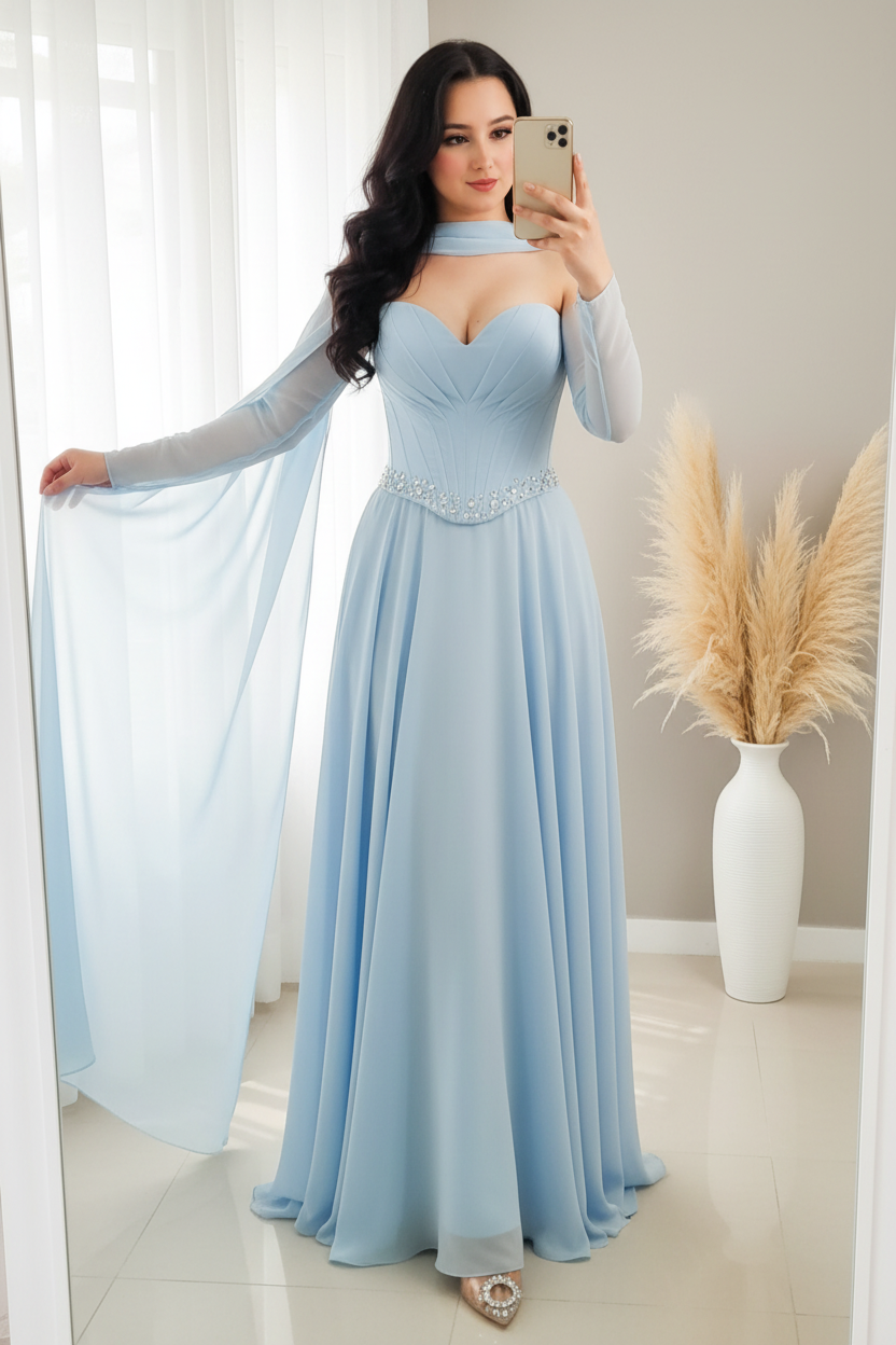 Vestido Gala Azul Cielo Halter con Capa cod.00123