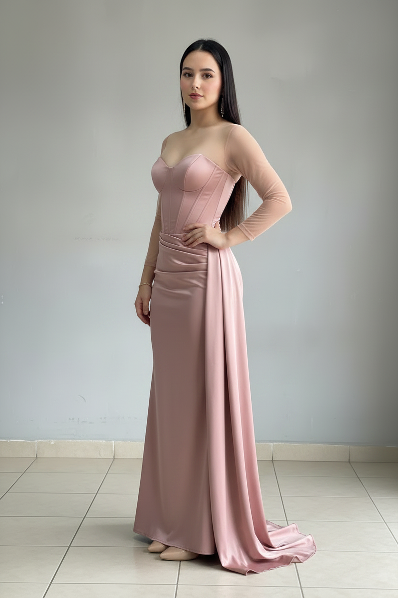 Vestido Rosa Palo Corset Tul Manga Cola Lateral cod.V390