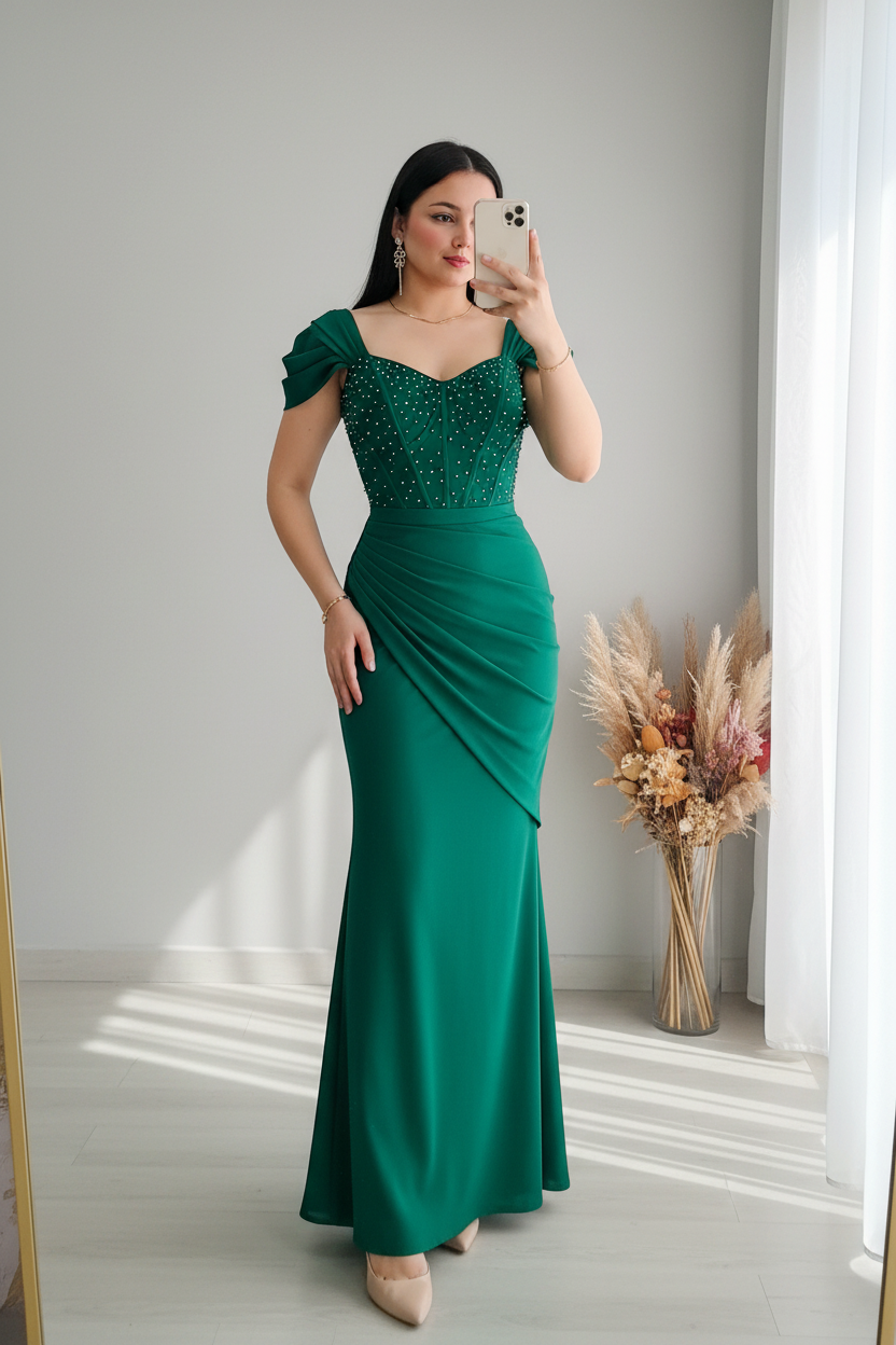 Vestido Verde Esmeralda Sirena con Corset de Perlas y Drapeado cod.V781