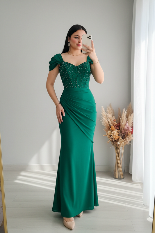 Vestido Verde Esmeralda Sirena con Corset de Perlas y Drapeado cod.V781
