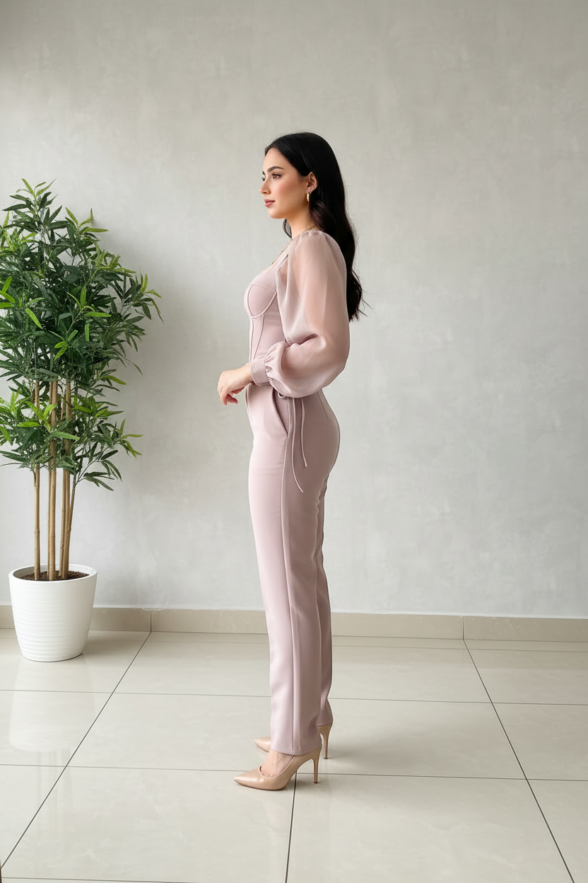 Conjunto Rosa Palo: Top Corset con Mangas Organza y Pantalón Recto cod.412