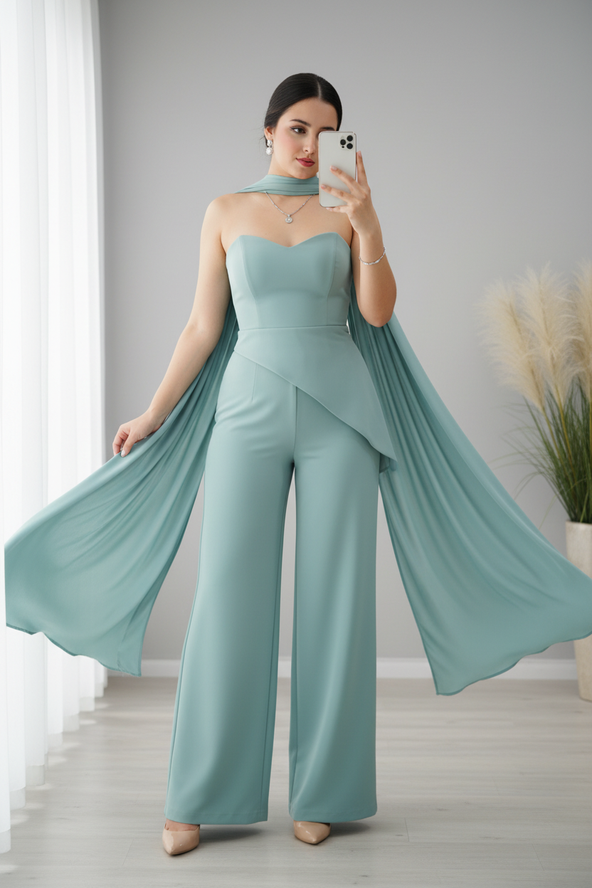 Conjunto Verde Agua — Escote Corazón Strapless, Capa Chifón & Pantalón Palazzo cod.903