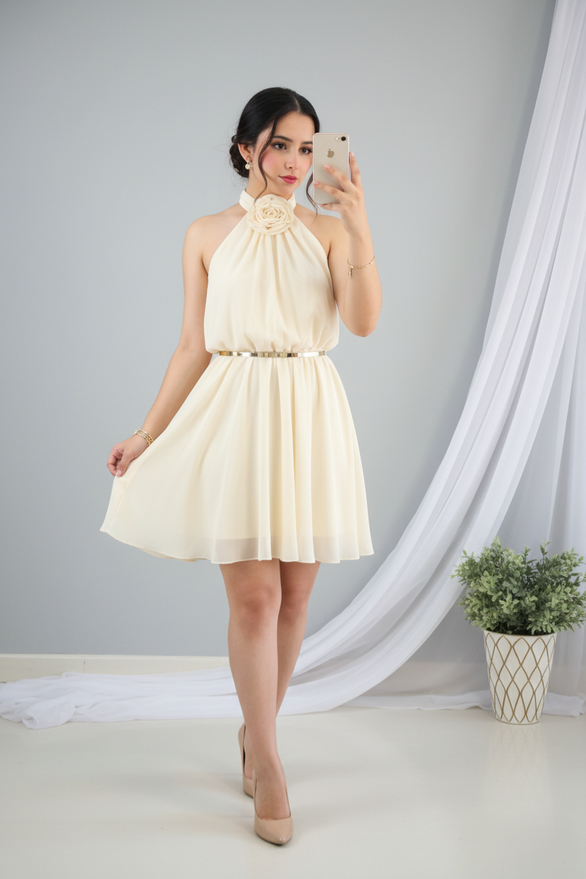 Vestido Crema Halter Rosa 3D Cinturón Dorado Falda A-line Chifón cod.938