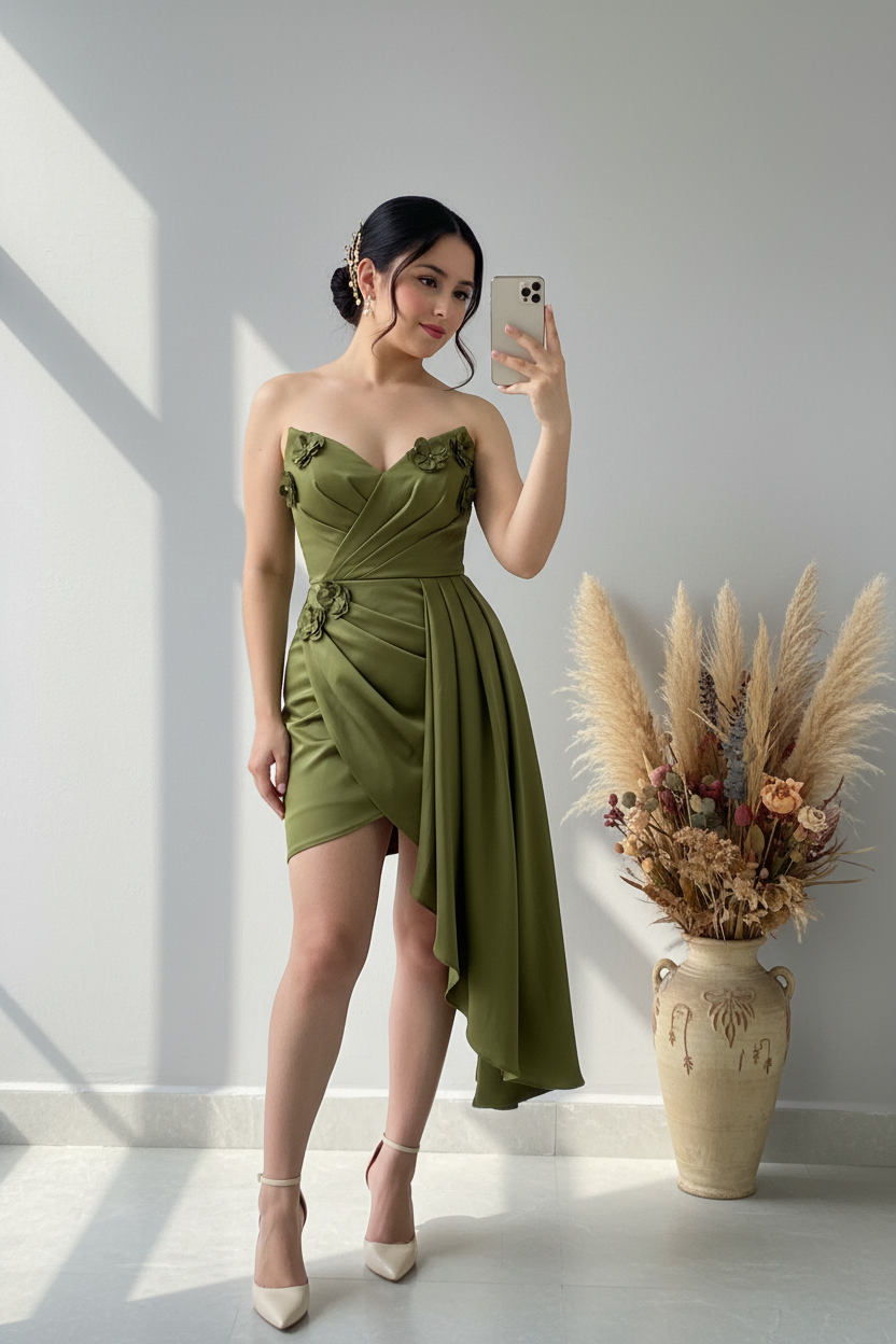 Vestido Corset Verde Olivo Flores D3 cod.V800