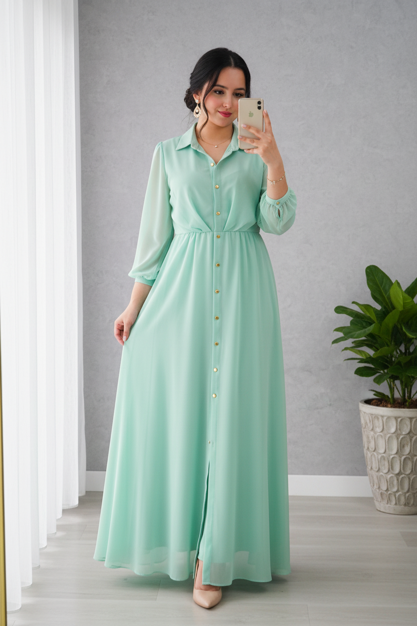 Vestido Verde Agua Menta Gasa Manga 3/4 Cuello Camisero Botones Dorados A-Line cod.830