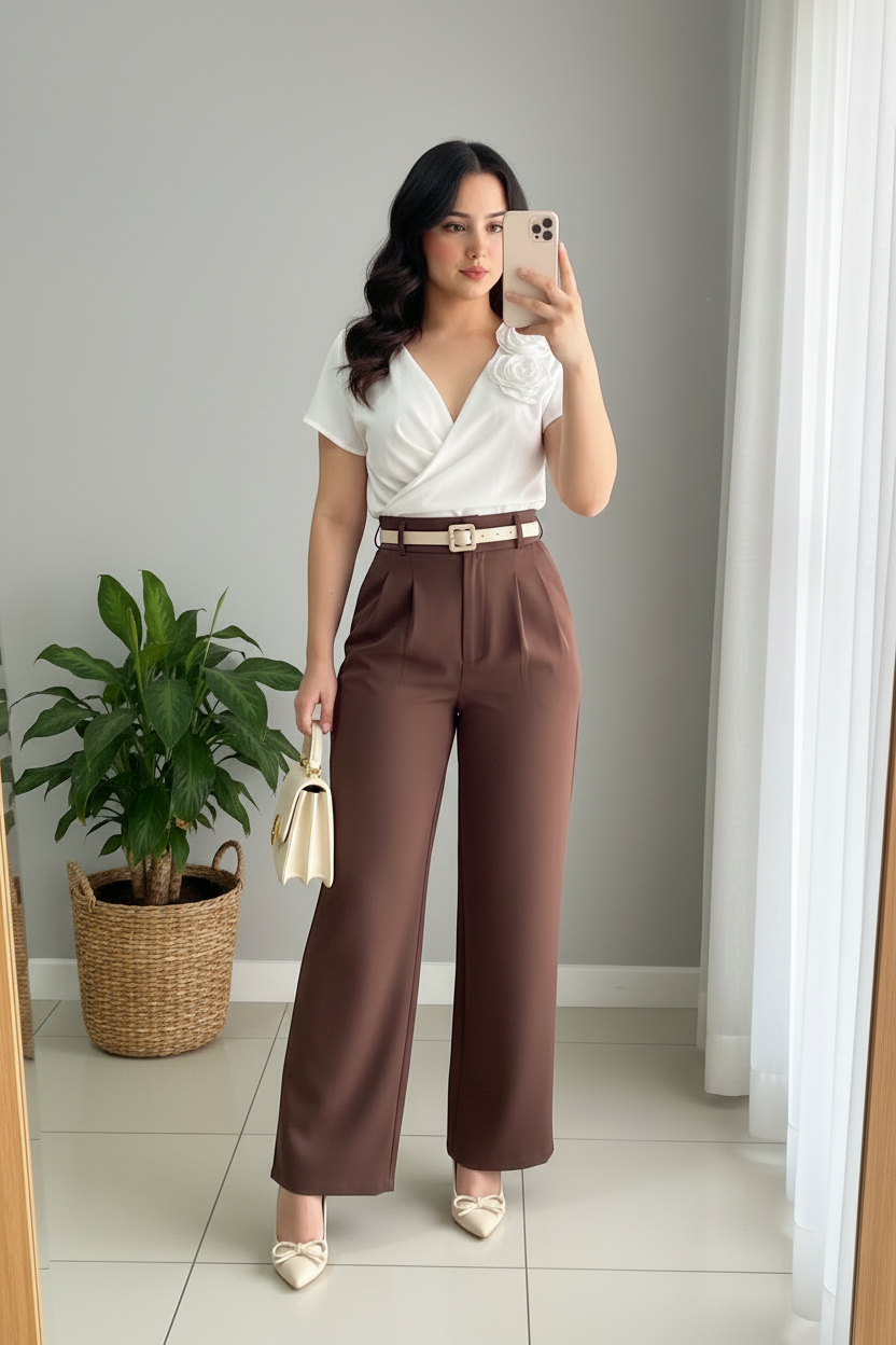 Conjunto 2 Piezas Top Blanco Rosa 3D y Palazzo Marrón Chocolate cod.00136