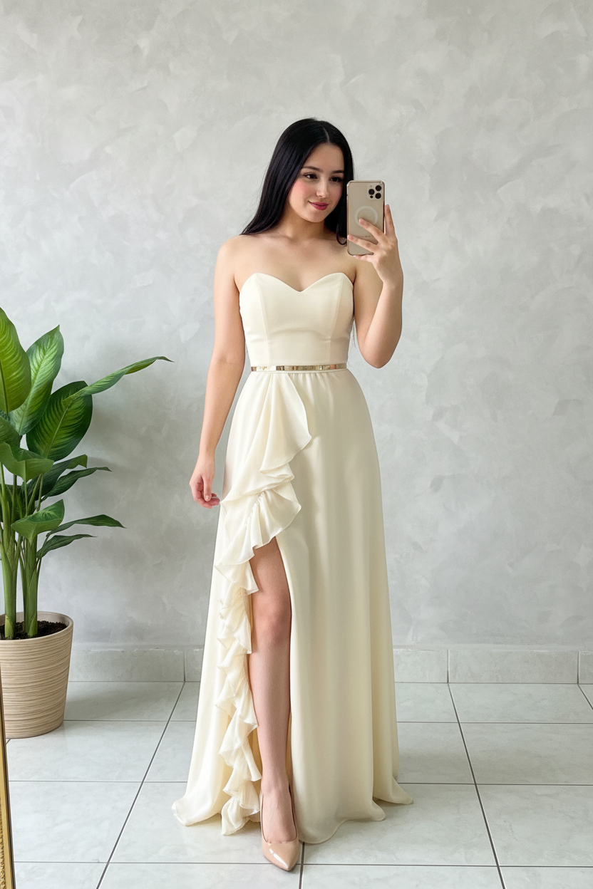 Vestido Formal Crema con Volantes cod.494