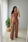 Conjunto 2 Piezas Nude Camel Top Cowl Drapeado y Palazzo cod.00140