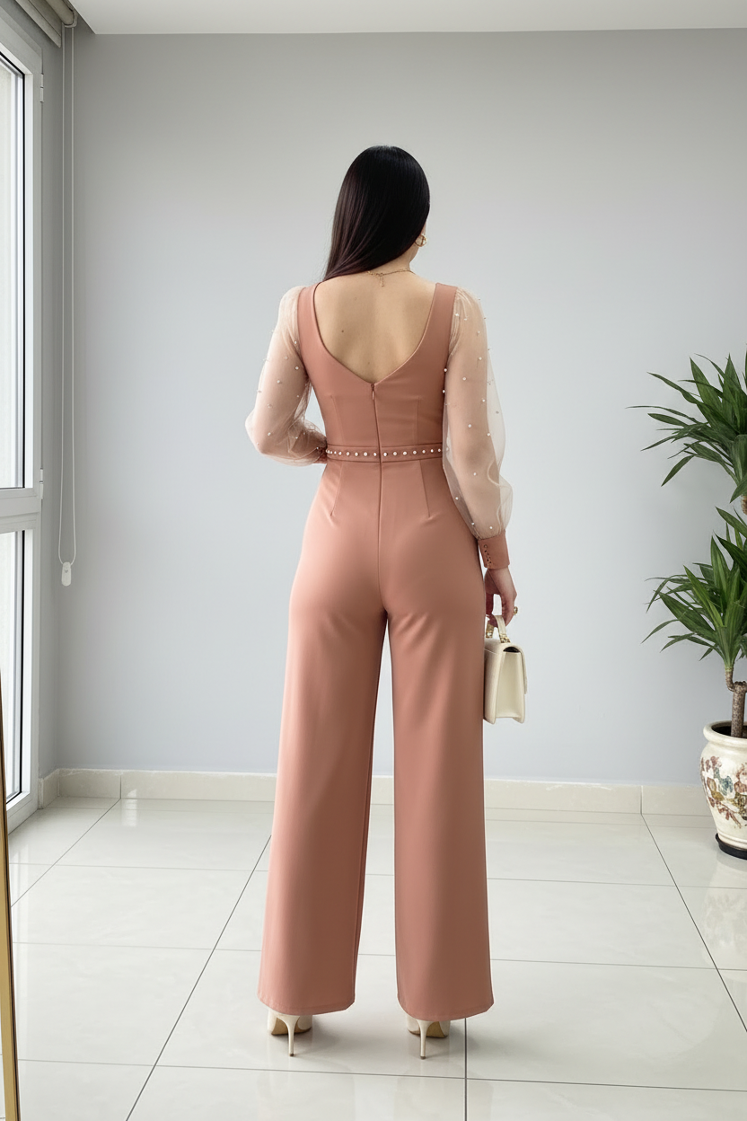 Enterizo Elegante Rosa Salmón con Mangas de Tul y Perlas - Escote Corazón Pierna Ancha cod.358
