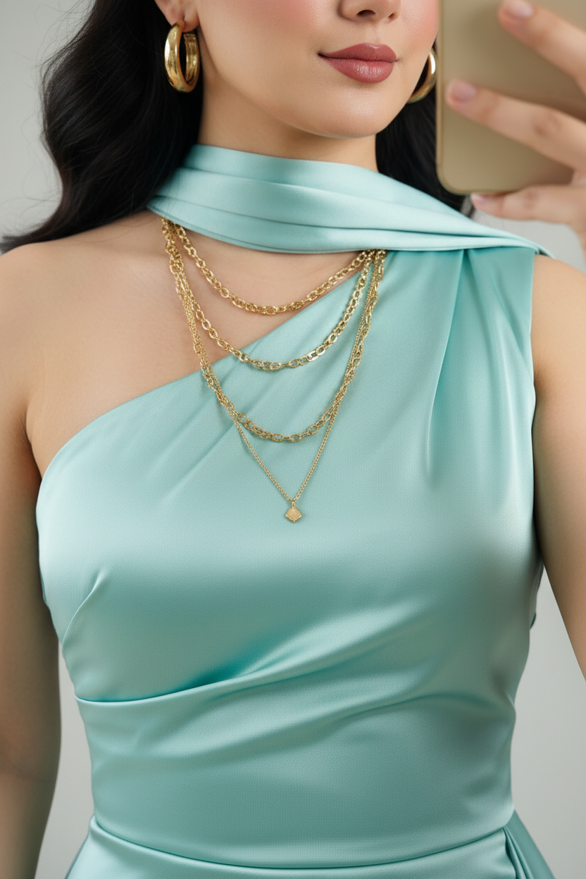 Vestido de Gala Verde Agua con Cuello Halter y Cola - Elegante One Shoulder Largo cod.345