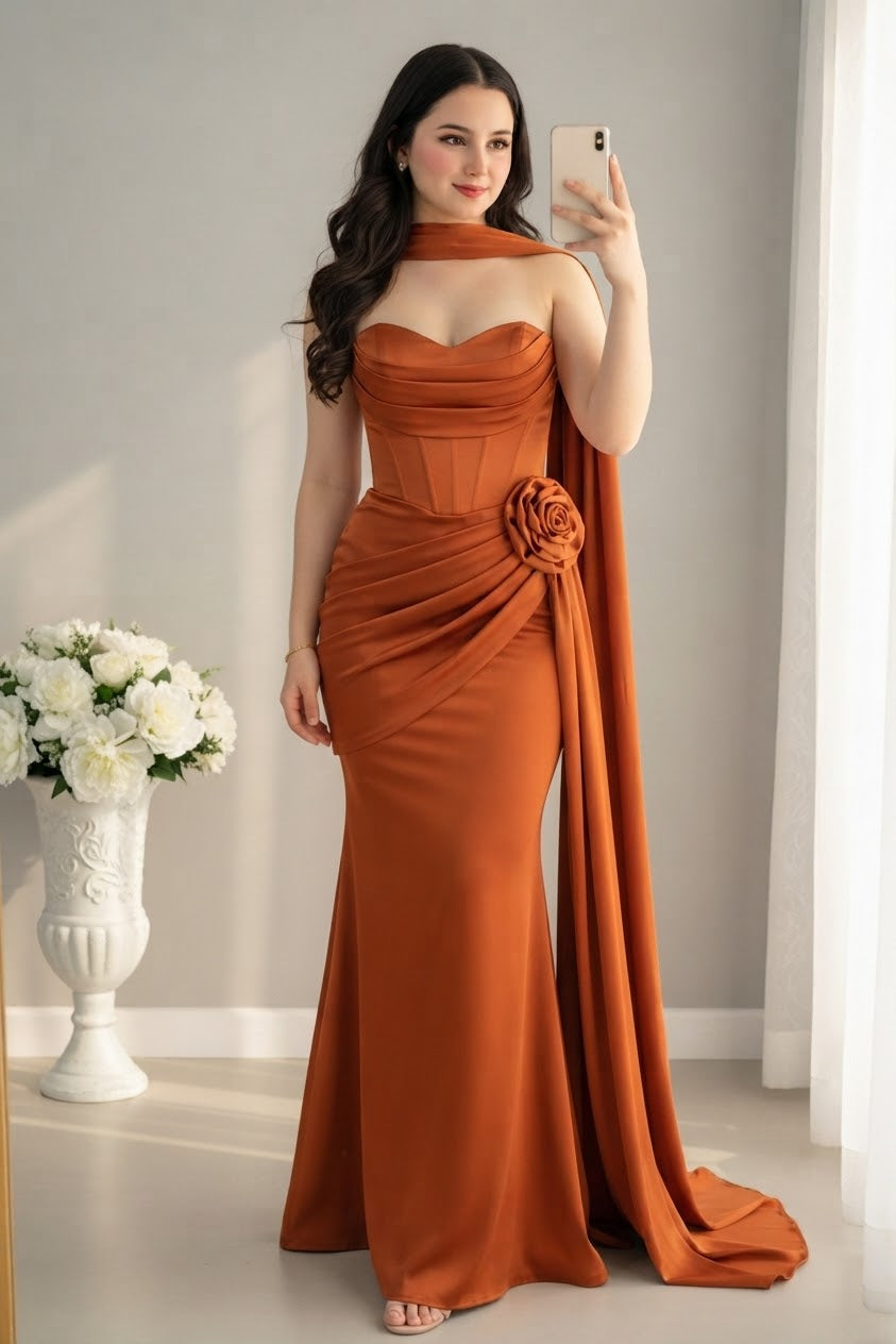 Vestido Largo Terracota Óxido Sirena Cuello Halter Bufanda Corset Rosa 3D y Capa Lateral cod.V969