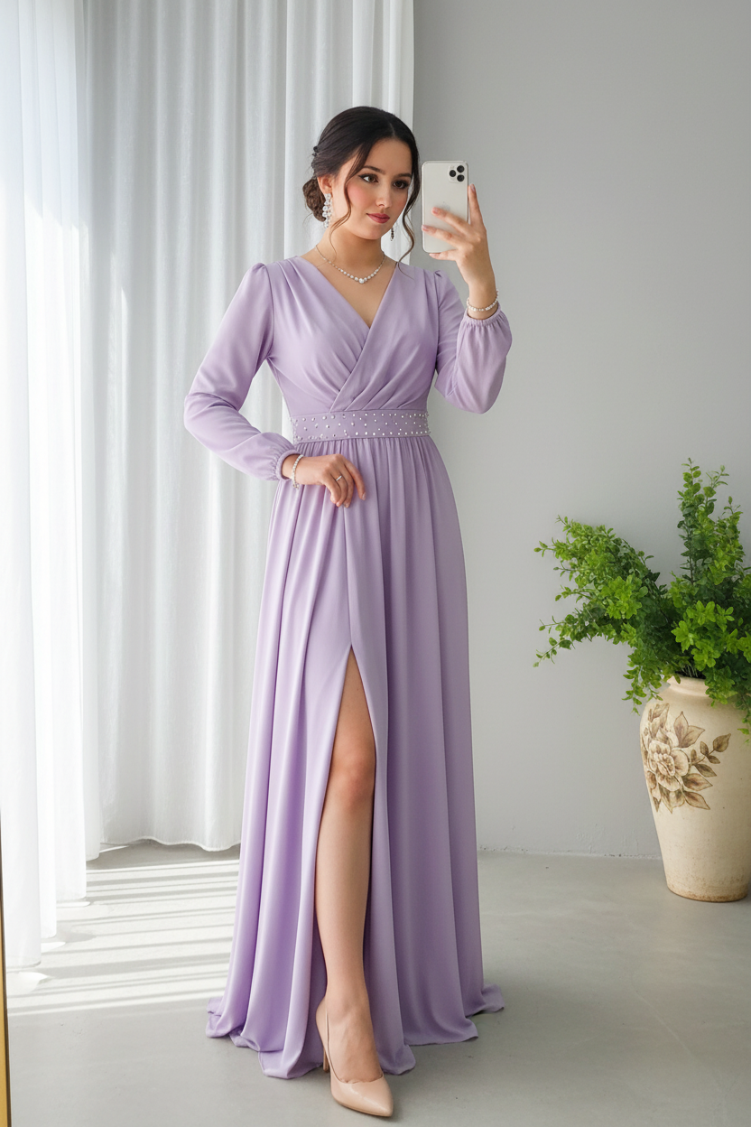 Vestido Lavanda — Escote V Cruzado, Perlas & Abertura cod.861