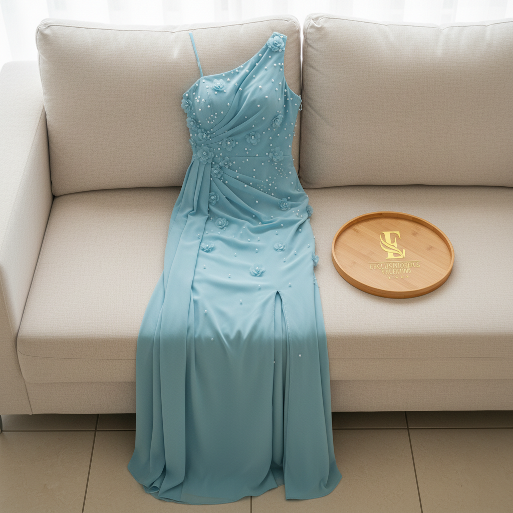 Vestido Azul Cielo One Shoulder con Flores 3D y Perlas cod.370
